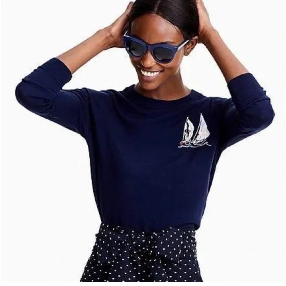 J.Crew Women M Navy Blue Merino Wool Nautical Preppy Sailboat Tippi Sweater